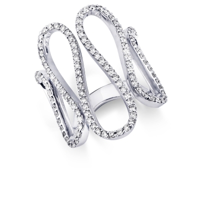 Anillo en oro blanco 18k con diseño ondulado y diamantes
