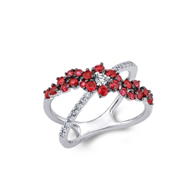 Anillo cruz en oro blanco 18k con diamantes y rubíes