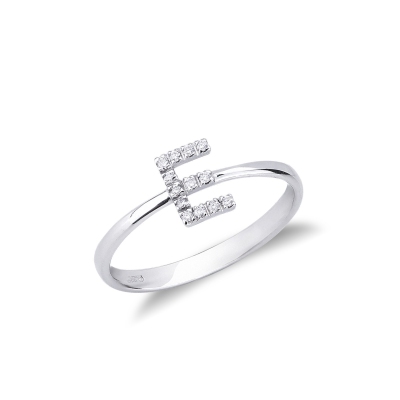 Anillo con letra E en oro blanco y diamantes