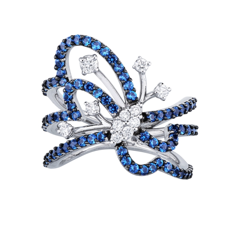 Anillo mariposa en oro blanco 18k con zafiros azules y diamantes  Anillo mariposa en oro blanco 18k con zafiros azules y diamantes