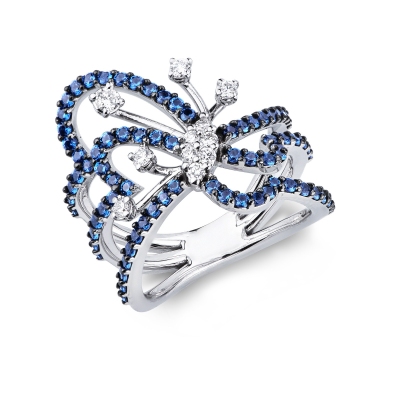 Anillo mariposa en oro blanco 18k con zafiros azules y diamantes 