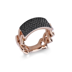Anillo gourmette en oro rosa de 18 quilates con diamantes negros