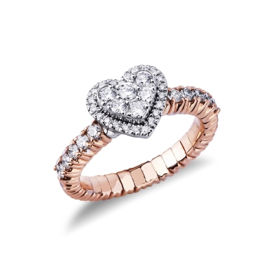 Anillo elástico en oro blanco y rosa 18k con diamantes corazón 
