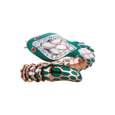 Anillo serpiente oro rosa 18k engastado con diamante y rubies