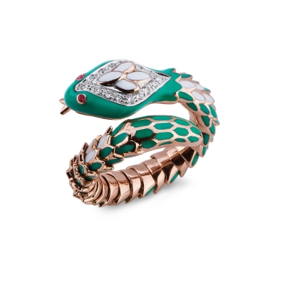 Anillo serpiente oro rosa 18k engastado con diamante y rubies