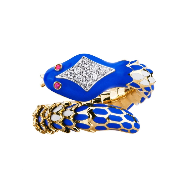 Anillo serpiente en oro amarillo 18k con diamantes y rubíes