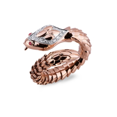 Anillo en Oro Rosa 18k con Serpiente a Espiral Diamantes y Rubíes
