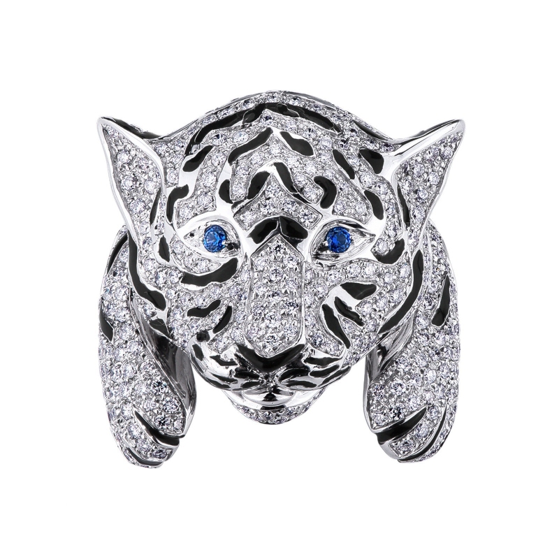 Anillo tigre en oro blanco 18k con diamantes y zafiros