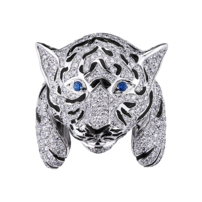 Anillo tigre en oro blanco 18k con diamantes y zafiros