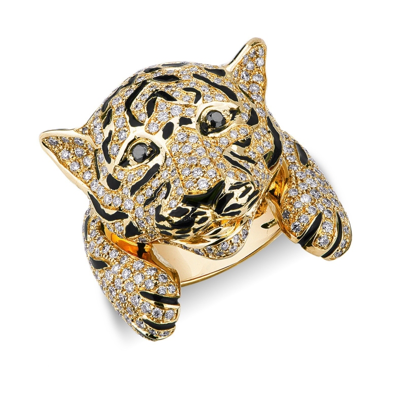 Anillo Tigre en Oro Amarillo 18k con Diamantes y Esmalte Negro
