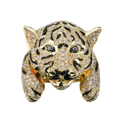 Anillo Tigre en Oro Amarillo 18k con Diamantes y Esmalte Negro