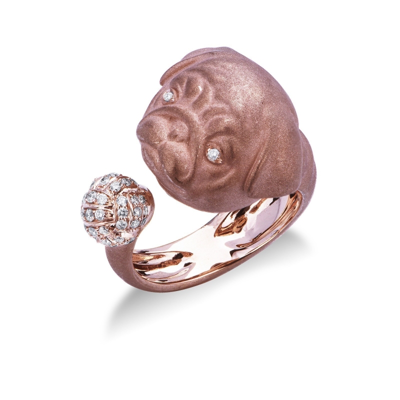 Anillo pug perro oro rosa 750 y diamantes 