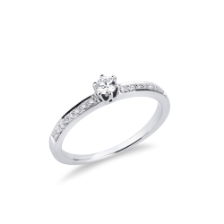 Anillo solitario en oro blanco 18ct con 6 garras y diamantes en el engaste