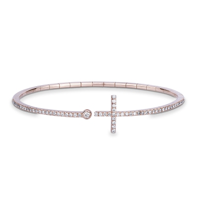Pulsera flexible de oro rosa de 18 quilates con cruz de diamantes