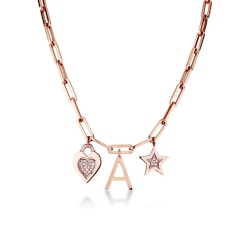 Collar rolò en oro rosa 18k estrella, corazón y letra A