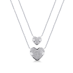 Collar oro blanco 18k con doble cadena y dos corazones con diamantes