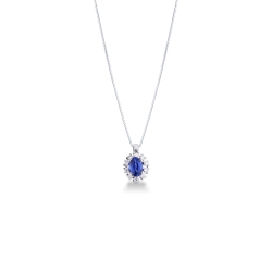Collar halo oro blanco de 18K con un zafiro azul y diamantes