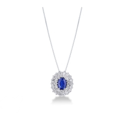 Colgante con doble contorno en oro blanco 18k con zafiro azul y diamantes