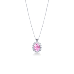Colgante halo en oro blanco de 18 quilates con zafiro rosa ovalado y diamantes