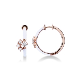 Pendientes de aro en oro rosa 18k esmaltados en blanco con diamantes
