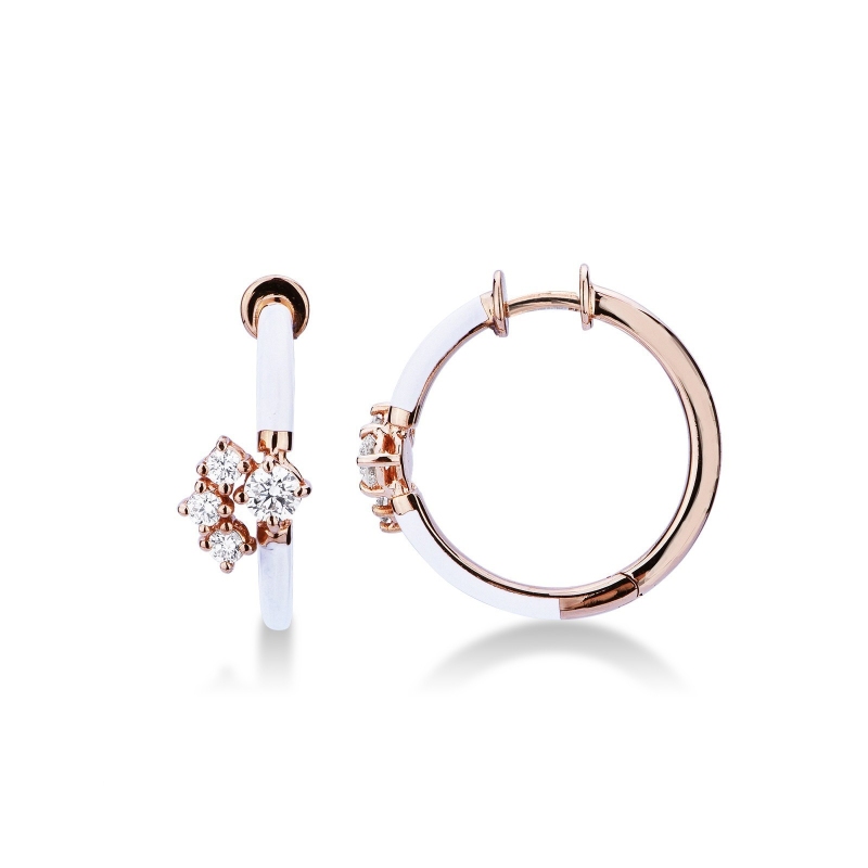 Pendientes de aro en oro rosa 18k esmaltados en blanco con diamantes