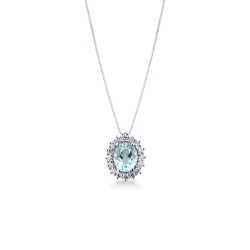 Collar halo en oro blanco 18k con colgante de aguamarina ovalada rodeada de diamantes