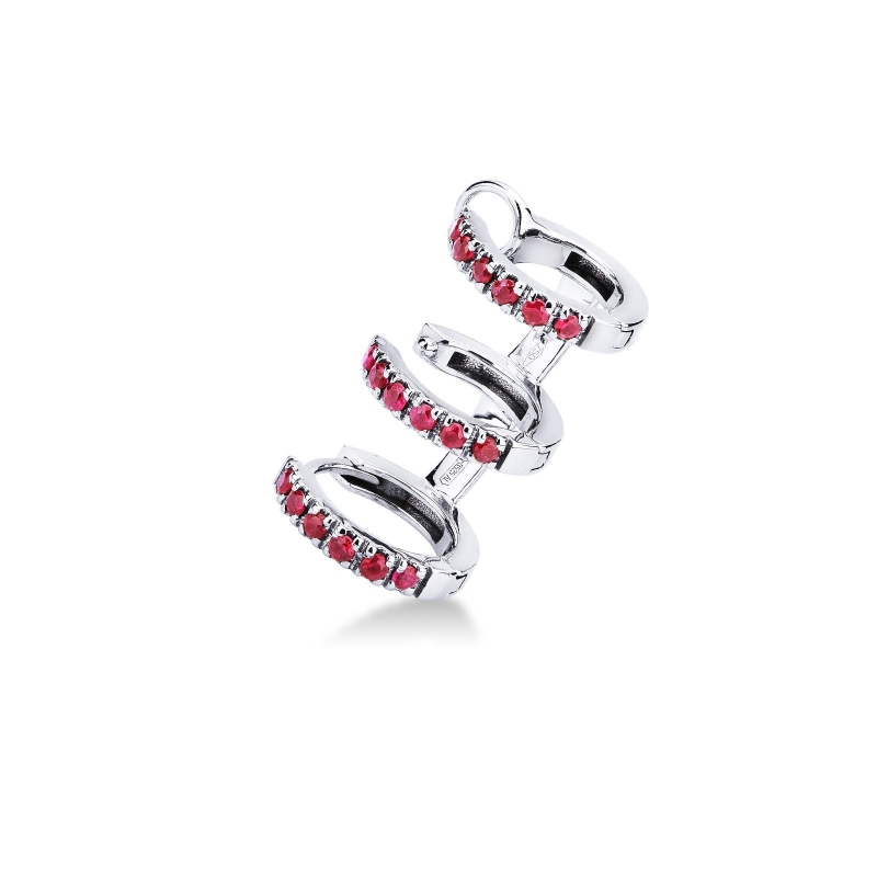 Mono pendiente oro blanco 18K 3 círculos rubíes Mono pendiente oro blanco 18K 3 círculos rubíes