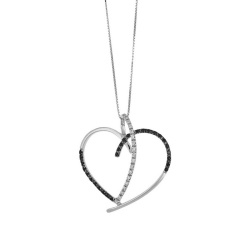 Collar en oro blanco 18k con colgante corazón y diamantes blancos y negros