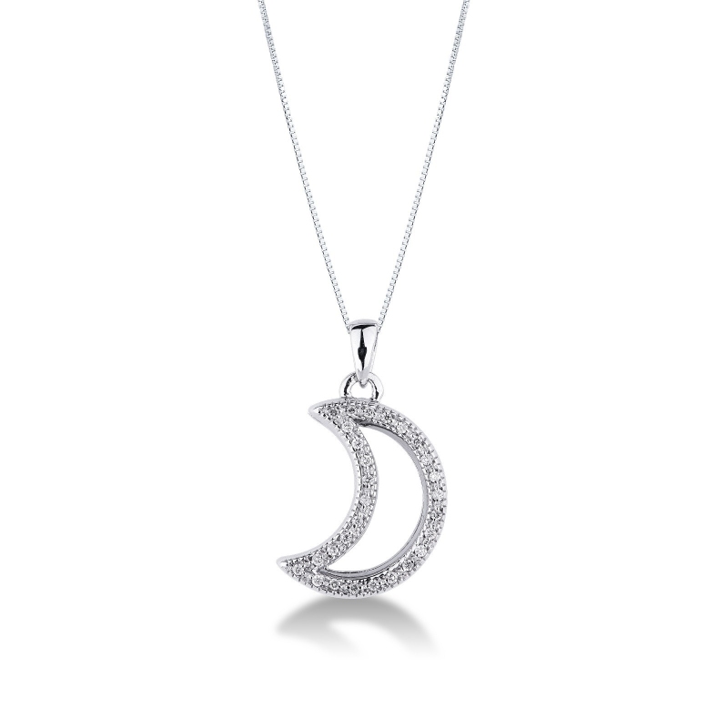 Colgante y cadena Luna y Diamantes en oro blanco 18 kilates