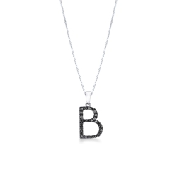 Collar de oro blanco de 18 quilates con colgante letra B grabada y diamantes negros