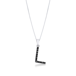 Collar de oro blanco de 18 quilates con colgante letra L grabada y diamantes negros
