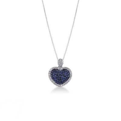 Colgante Corazón Pavé Zafiros Azules y Diamantes Oro Blanco 18k