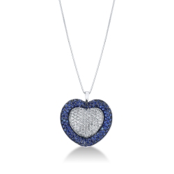 Collar en oro blanco 18k  corazón diamantes y zafiros azules