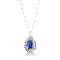 Collar de oro blanco 18k con zafiro azul y tres vueltas de diamantes