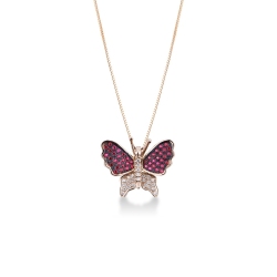 Collar con colgante mariposa en oro rosa con diamantes y rubíes