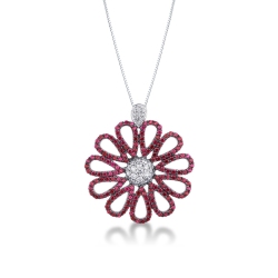 Collar mujer en oro blanco 18k con flor de rubíes y diamantes