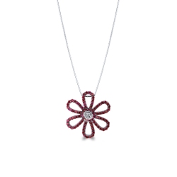 Collar en oro blanco 18k con colgante en forma de flor con rubies y diamantes