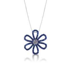 Collar en oro blanco 750 con flor de zafiros azules y diamantes