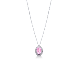 Collar halo en oro blanco de 18K con un zafiro rosa con diamantes