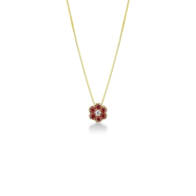 Collar colgante flor oro amarillo 18k con diamante y rubies