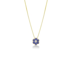 Collar en oro amarillo con colgante flor, diamante y zafiros