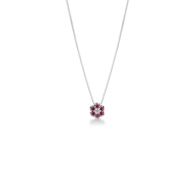 Collar con flor oro blanco 18k con diamante y rubies