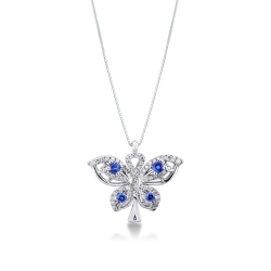 Collar mariposa de oro blanco de 18k con diamantes y zafiros azules
