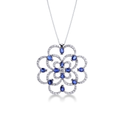 Collar flor en oro blanco 18k con colgante de zafiros azules y diamantes