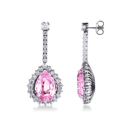 Pendientes halo en oro blanco 18k con zafiros rosas y diamantes brillantes