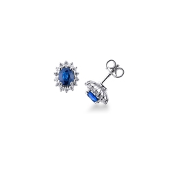 Pendientes halo en oro blanco 18k con zafiros azules