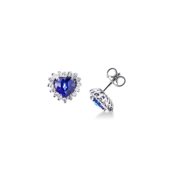Pendientes halo de diamantes oro blanco de 18 kt con zafiros azules corazón