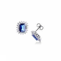 Pendientes en Oro Blanco 18k con Zafiros Azules Rectangulares y Diamantes