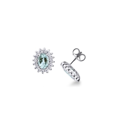 Pendientes en oro blanco 18k con aguamarina ovalada y halo de diamantes