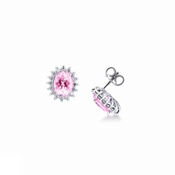 Pendientes halo diamantes oro blanco de 18 quilates con un zafiro rosa ovalado